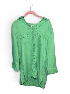 JM Collection 100% Linen Tunic Shirt Size 14 Kelly Green Button